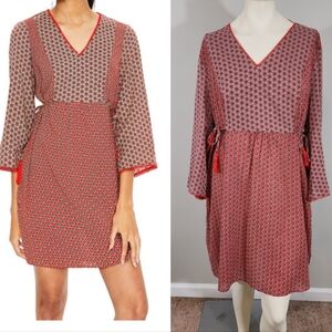 Boden Red and Black Printed Long Sleeve V-Neck Dress